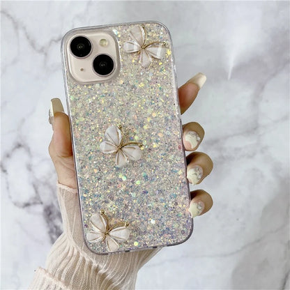 For iPhone 14 Plus Glitter Case 3D Butterflies Epoxy TPU Shockproof Cover
