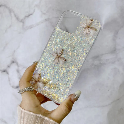 For iPhone 14 Plus Glitter Case 3D Butterflies Epoxy TPU Shockproof Cover
