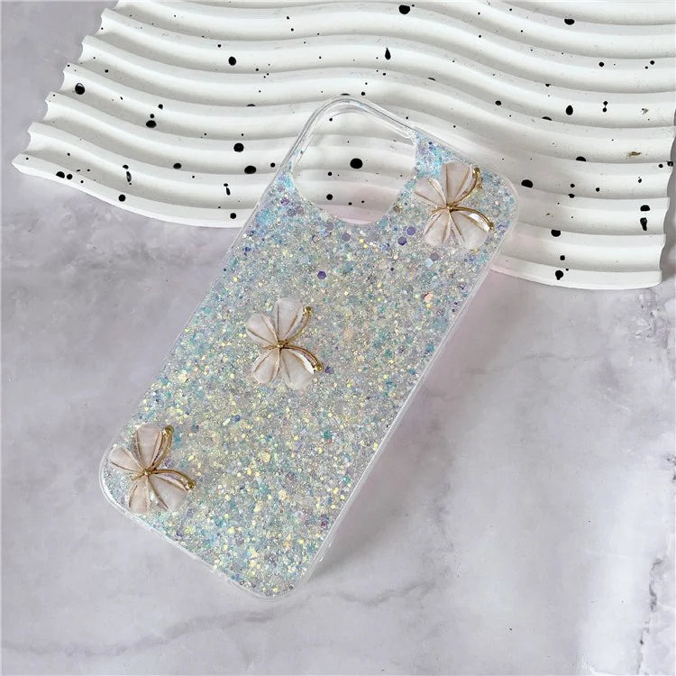 For iPhone 14 Plus Glitter Case 3D Butterflies Epoxy TPU Shockproof Cover