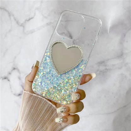 For iPhone 15 Pro Case Mirror Back Epoxy TPU Phone Cover Night Luminous
