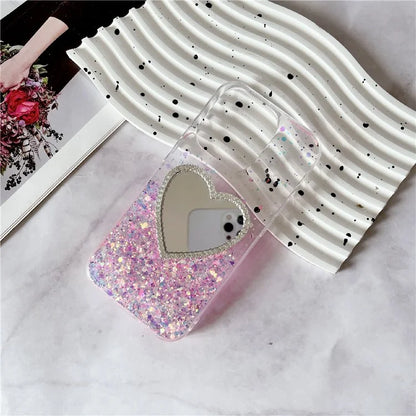 For iPhone 14 Pro Luminous Case Slim Soft TPU Epoxy Phone Cover with Makeup Mirror