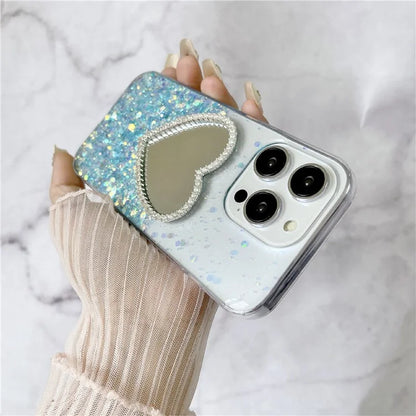 For iPhone 14 Pro Luminous Case Slim Soft TPU Epoxy Phone Cover with Makeup Mirror