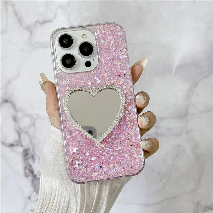 For iPhone 15 Pro Max Case Sequins Epoxy TPU Mirror Makeup Phone Cover
