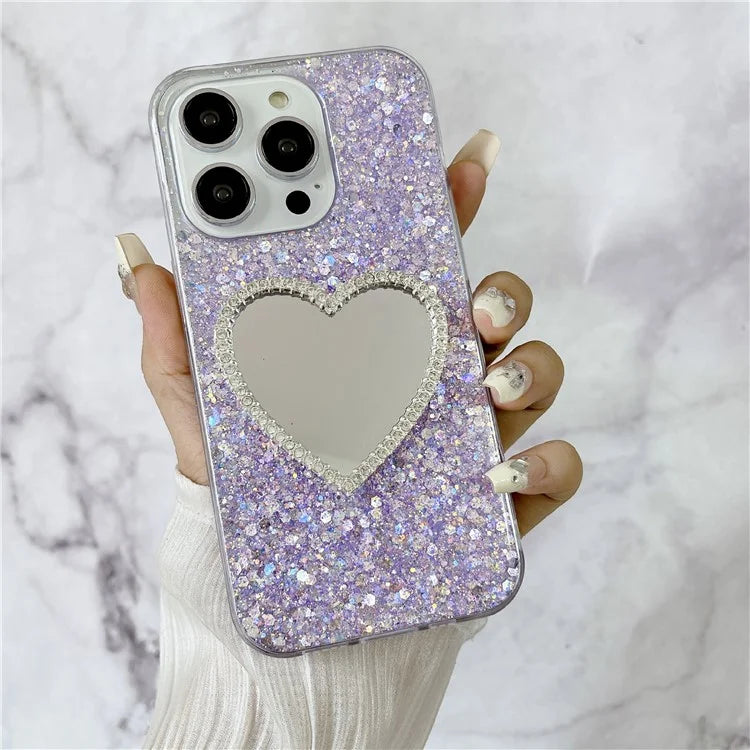 For iPhone 15 Pro Max Case Sequins Epoxy TPU Mirror Makeup Phone Cover