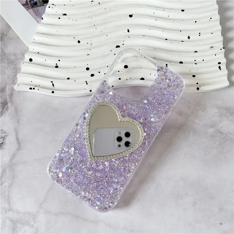 For iPhone 15 Pro Max Case Sequins Epoxy TPU Mirror Makeup Phone Cover