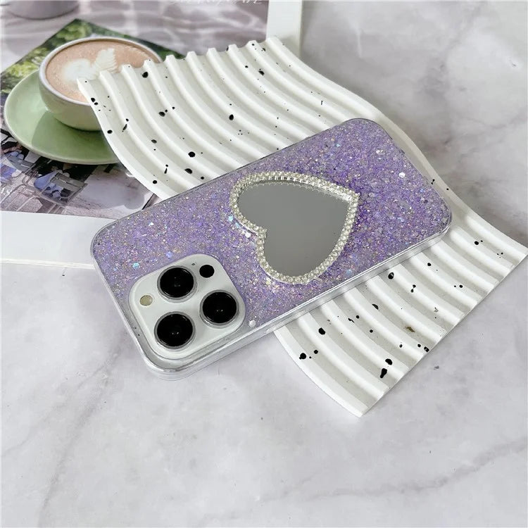 For iPhone 15 Pro Max Case Sequins Epoxy TPU Mirror Makeup Phone Cover