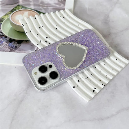 For iPhone 15 Pro Max Case Sequins Epoxy TPU Mirror Makeup Phone Cover