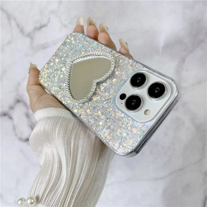 For iPhone 15 Pro Max Case Sequins Epoxy TPU Mirror Makeup Phone Cover