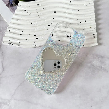 For iPhone 15 Pro Max Case Sequins Epoxy TPU Mirror Makeup Phone Cover