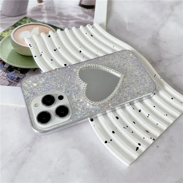 For iPhone 15 Pro Max Case Sequins Epoxy TPU Mirror Makeup Phone Cover