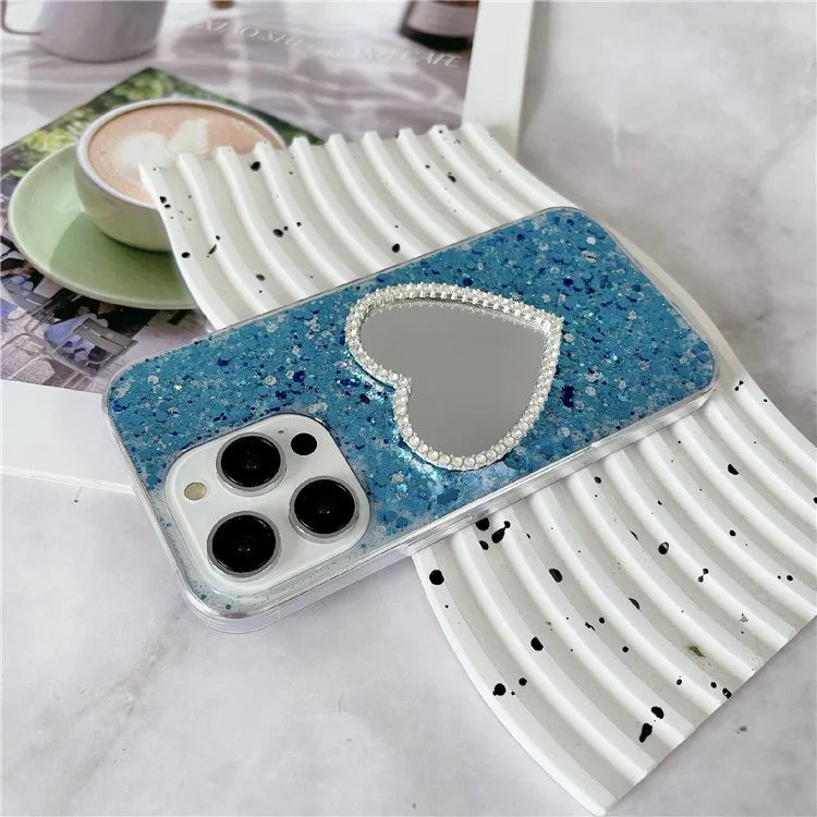 For iPhone 15 Pro Max Case Sequins Epoxy TPU Mirror Makeup Phone Cover