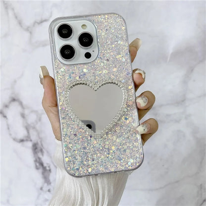 For iPhone 14 Pro Case Mirror Design TPU Glitter Bling Epoxy Phone Cover