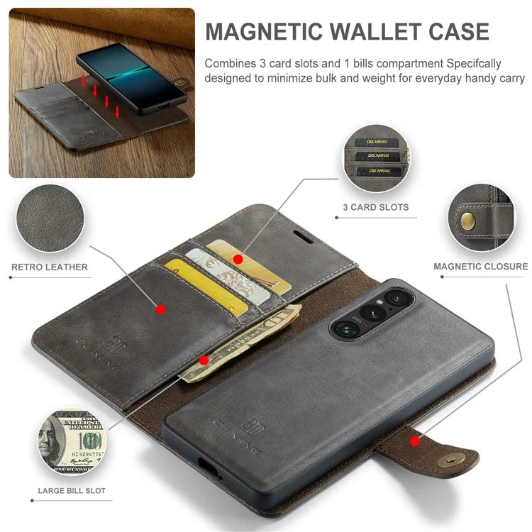 DG.MING for Sony Xperia 1 VI Case Detachable Split Leather Phone Cover