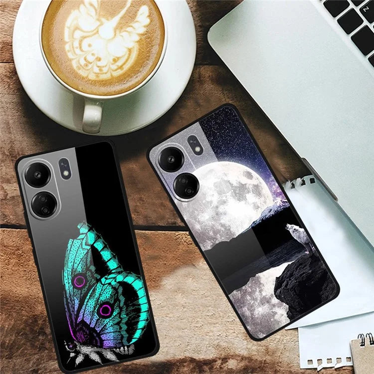 For Xiaomi Redmi 13C 4G / Poco C65 4G Pattern Case TPU+Tempered Glass Shockproof Phone Cover