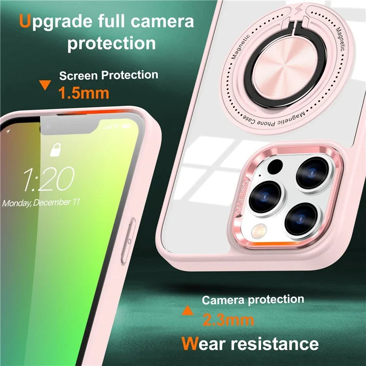 For iPhone 13 Pro Max Case Magnetic Ring Kickstand PC+TPU Clear Phone Cover