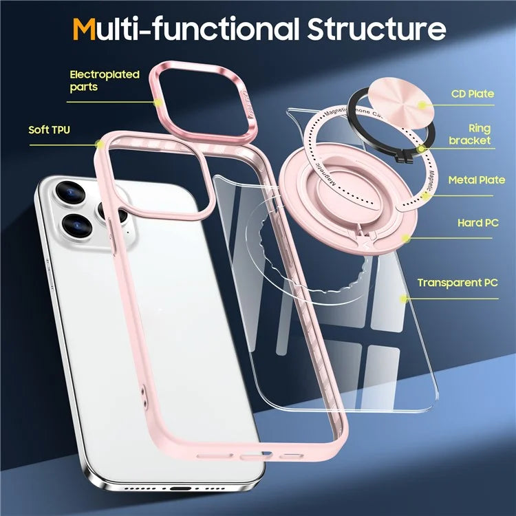 For iPhone 13 Pro Max Case Magnetic Ring Kickstand PC+TPU Clear Phone Cover