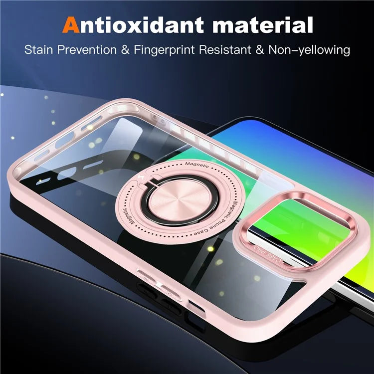 For iPhone 13 Pro Max Case Magnetic Ring Kickstand PC+TPU Clear Phone Cover