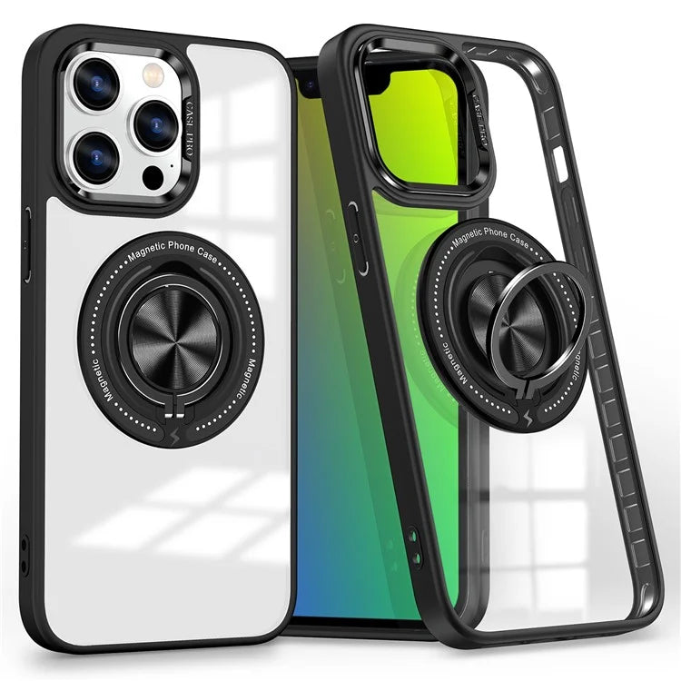 For iPhone 13 Pro Max Case Magnetic Ring Kickstand PC+TPU Clear Phone Cover