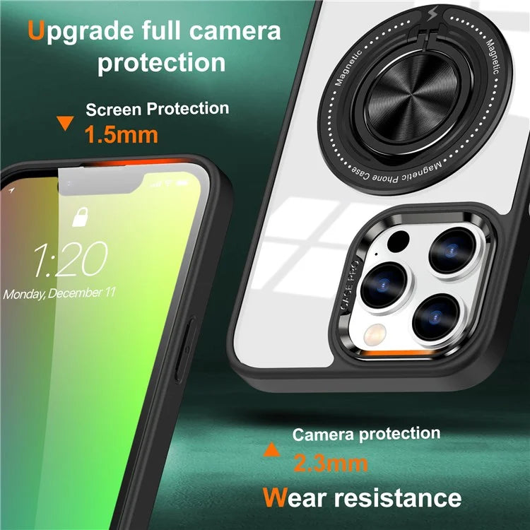 For iPhone 13 Pro Max Case Magnetic Ring Kickstand PC+TPU Clear Phone Cover