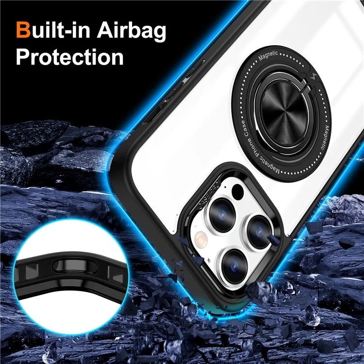 For iPhone 13 Pro Max Case Magnetic Ring Kickstand PC+TPU Clear Phone Cover