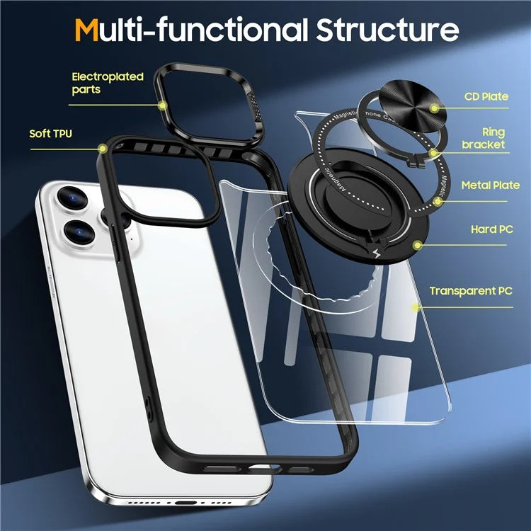 For iPhone 13 Pro Max Case Magnetic Ring Kickstand PC+TPU Clear Phone Cover