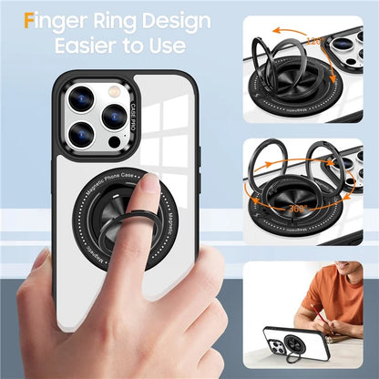For iPhone 13 Pro Max Case Magnetic Ring Kickstand PC+TPU Clear Phone Cover