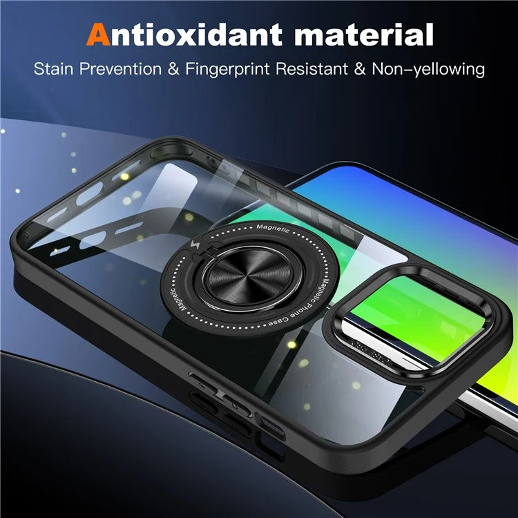 For iPhone 13 Pro Max Case Magnetic Ring Kickstand PC+TPU Clear Phone Cover