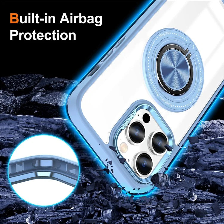 For iPhone 13 Pro Max Case Magnetic Ring Kickstand PC+TPU Clear Phone Cover