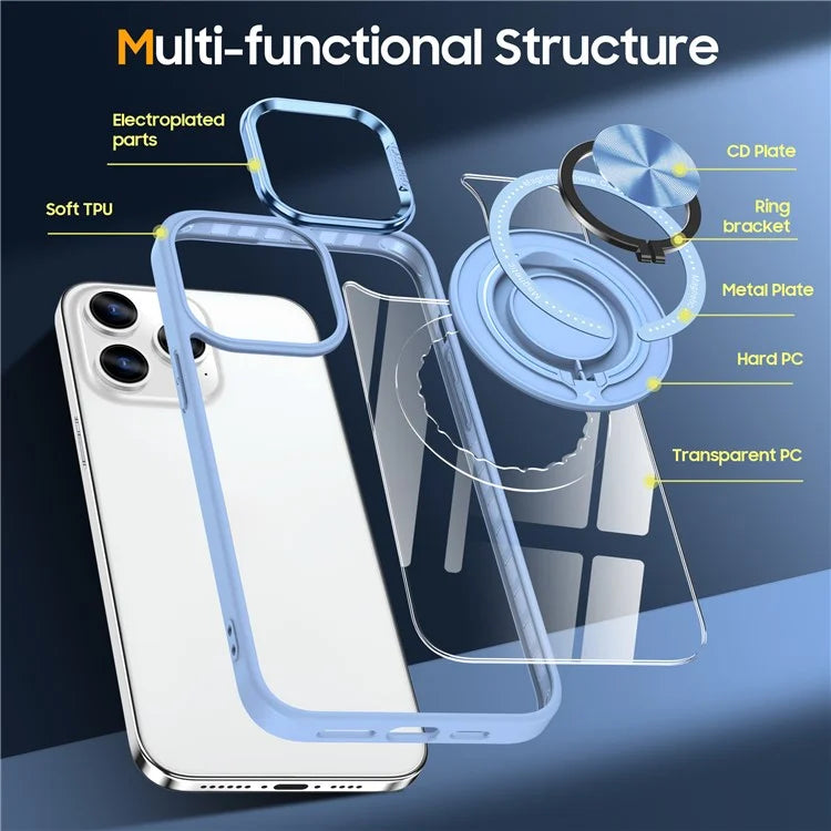 For iPhone 13 Pro Max Case Magnetic Ring Kickstand PC+TPU Clear Phone Cover