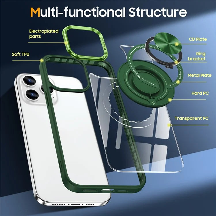 For iPhone 13 Pro Max Case Magnetic Ring Kickstand PC+TPU Clear Phone Cover