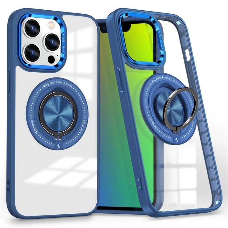 For iPhone 13 Pro Max Case Magnetic Ring Kickstand PC+TPU Clear Phone Cover