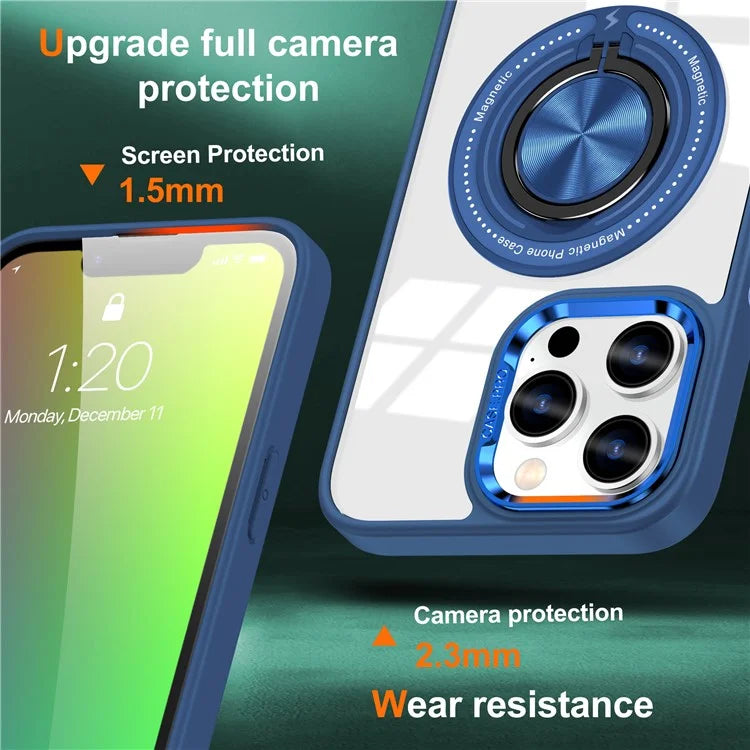 For iPhone 13 Pro Max Case Magnetic Ring Kickstand PC+TPU Clear Phone Cover