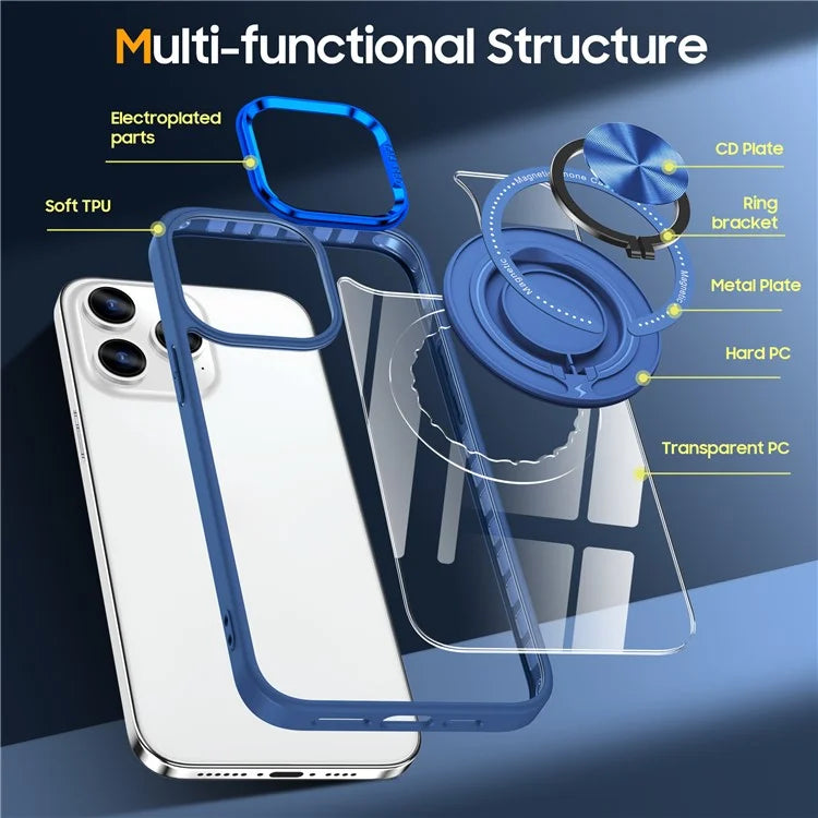 For iPhone 13 Pro Max Case Magnetic Ring Kickstand PC+TPU Clear Phone Cover