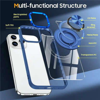 For iPhone 13 Pro Max Case Magnetic Ring Kickstand PC+TPU Clear Phone Cover