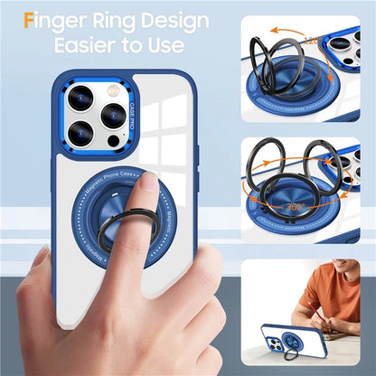 For iPhone 13 Pro Max Case Magnetic Ring Kickstand PC+TPU Clear Phone Cover