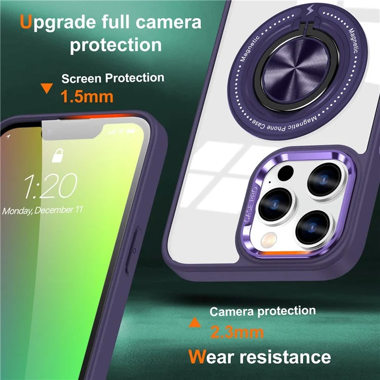 For iPhone 13 Pro Max Case Magnetic Ring Kickstand PC+TPU Clear Phone Cover