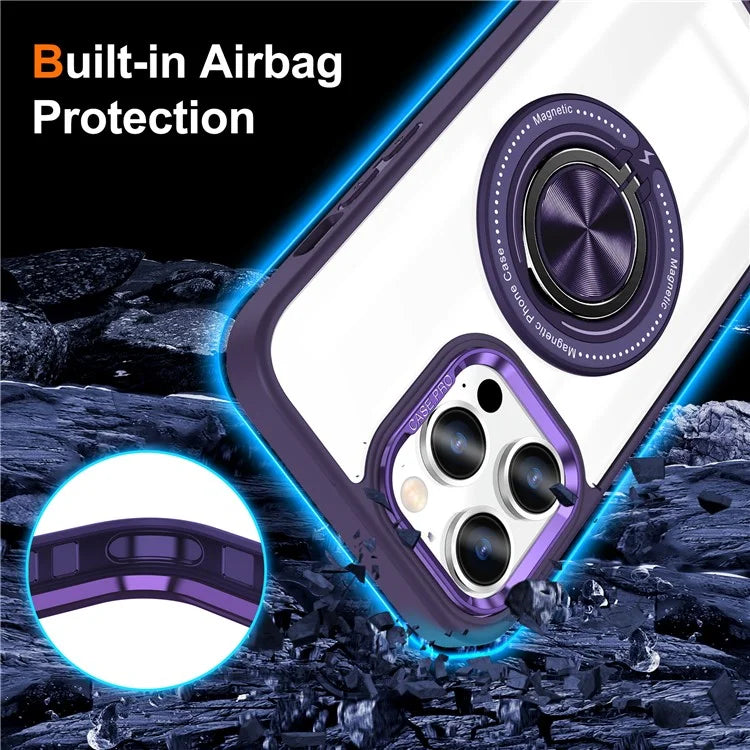 For iPhone 13 Pro Max Case Magnetic Ring Kickstand PC+TPU Clear Phone Cover