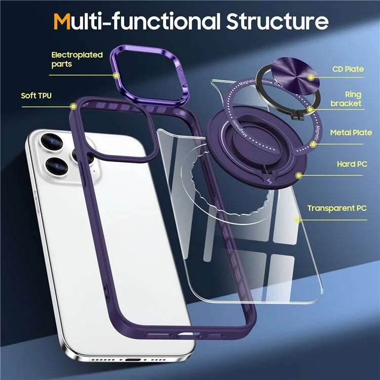For iPhone 13 Pro Max Case Magnetic Ring Kickstand PC+TPU Clear Phone Cover