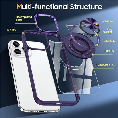 For iPhone 13 Pro Max Case Magnetic Ring Kickstand PC+TPU Clear Phone Cover