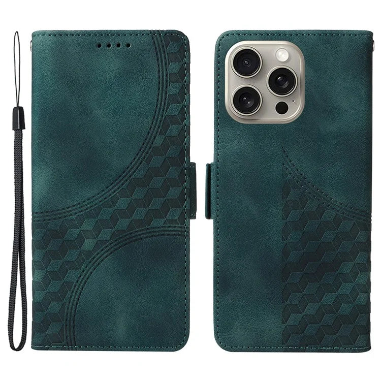For iPhone 15 Pro Max Case with Strap Rhombus Starry Leather Phone Cover
