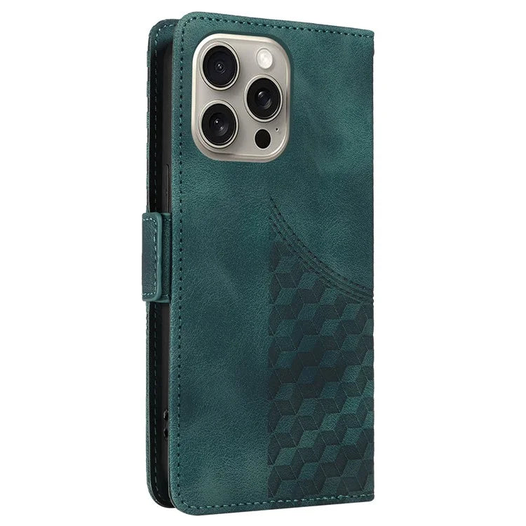 For iPhone 15 Pro Max Case with Strap Rhombus Starry Leather Phone Cover