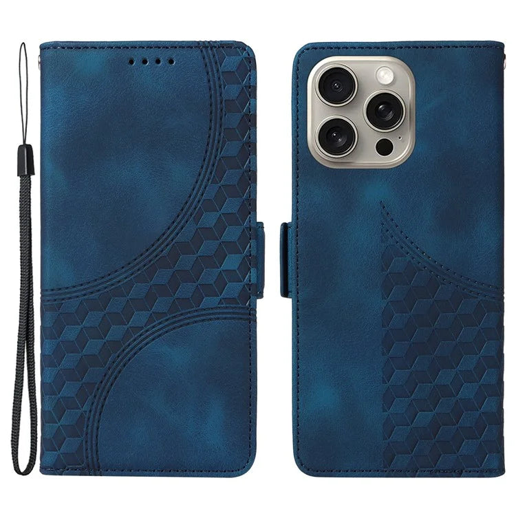 For iPhone 15 Pro Max Case with Strap Rhombus Starry Leather Phone Cover