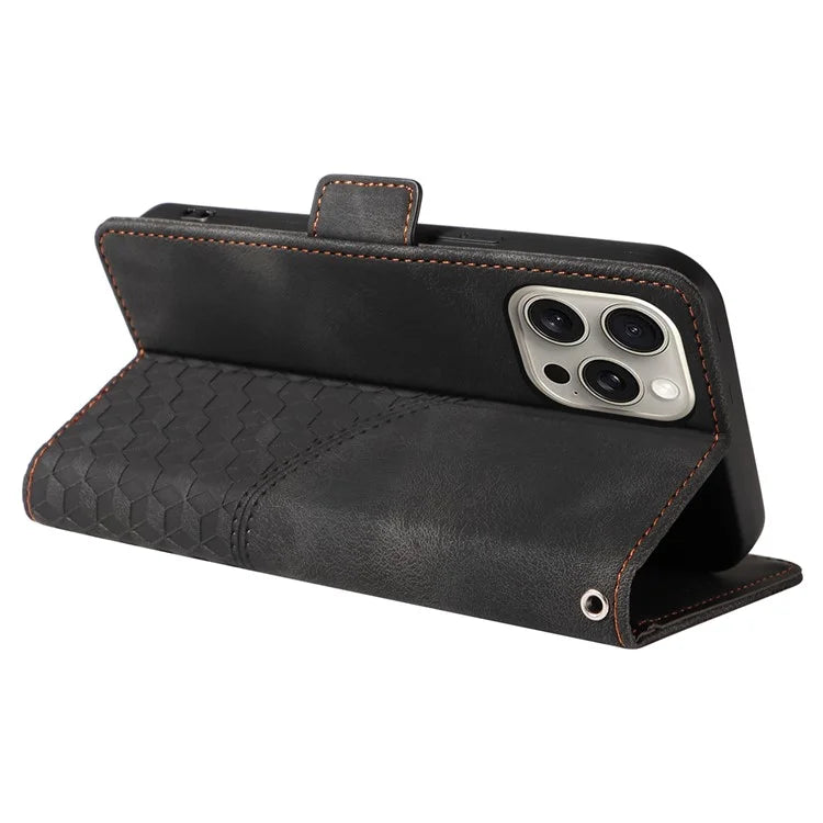 For iPhone 15 Pro Max Case with Strap Rhombus Starry Leather Phone Cover