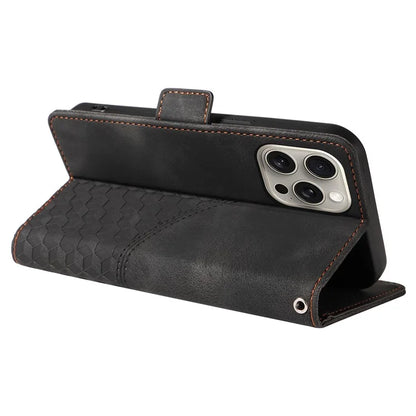 For iPhone 15 Pro Max Case with Strap Rhombus Starry Leather Phone Cover