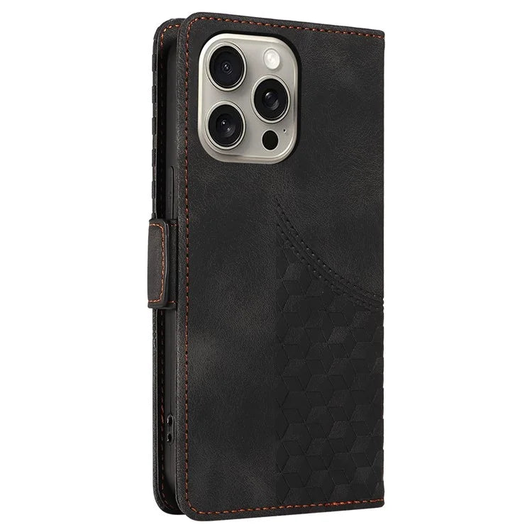 For iPhone 15 Pro Max Case with Strap Rhombus Starry Leather Phone Cover