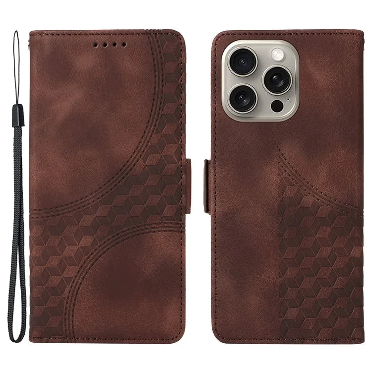 For iPhone 15 Pro Max Case with Strap Rhombus Starry Leather Phone Cover