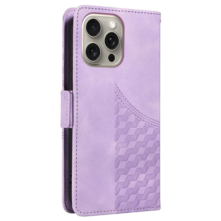For iPhone 15 Pro Max Case with Strap Rhombus Starry Leather Phone Cover
