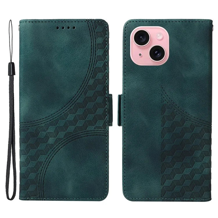 For iPhone 15 Case PU Leather Rhombus Starry Phone Wallet Cover