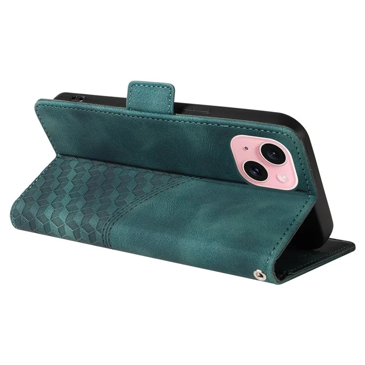 For iPhone 15 Case PU Leather Rhombus Starry Phone Wallet Cover