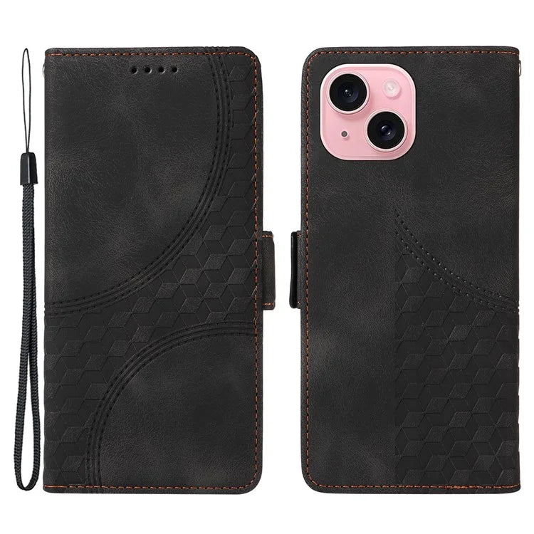 For iPhone 15 Case PU Leather Rhombus Starry Phone Wallet Cover